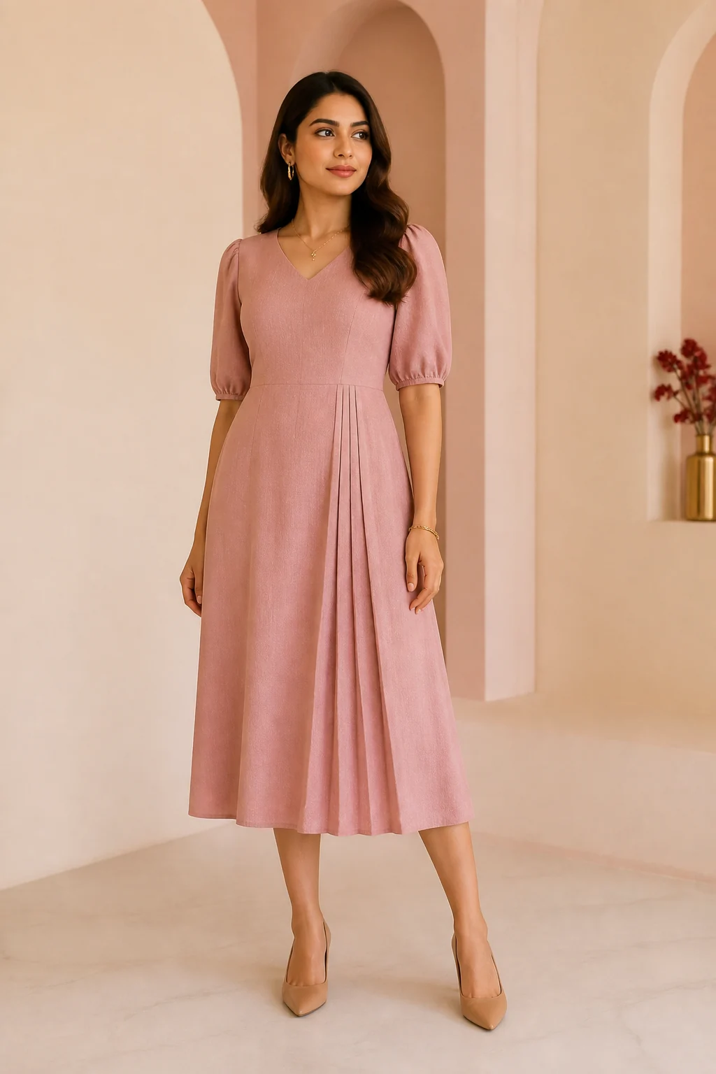 Muted blush dress campaign look