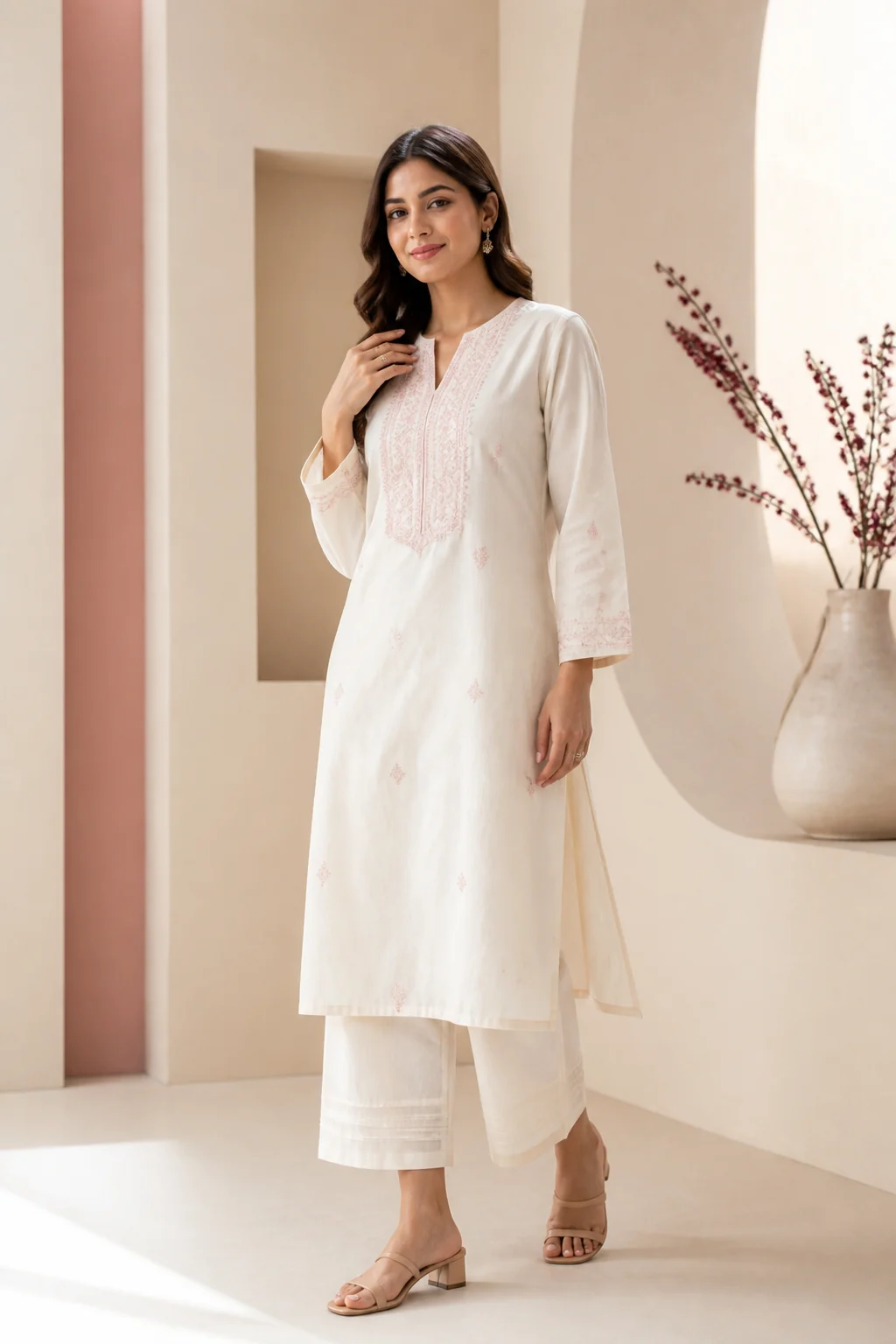 Contemporary ivory kurti campaign look