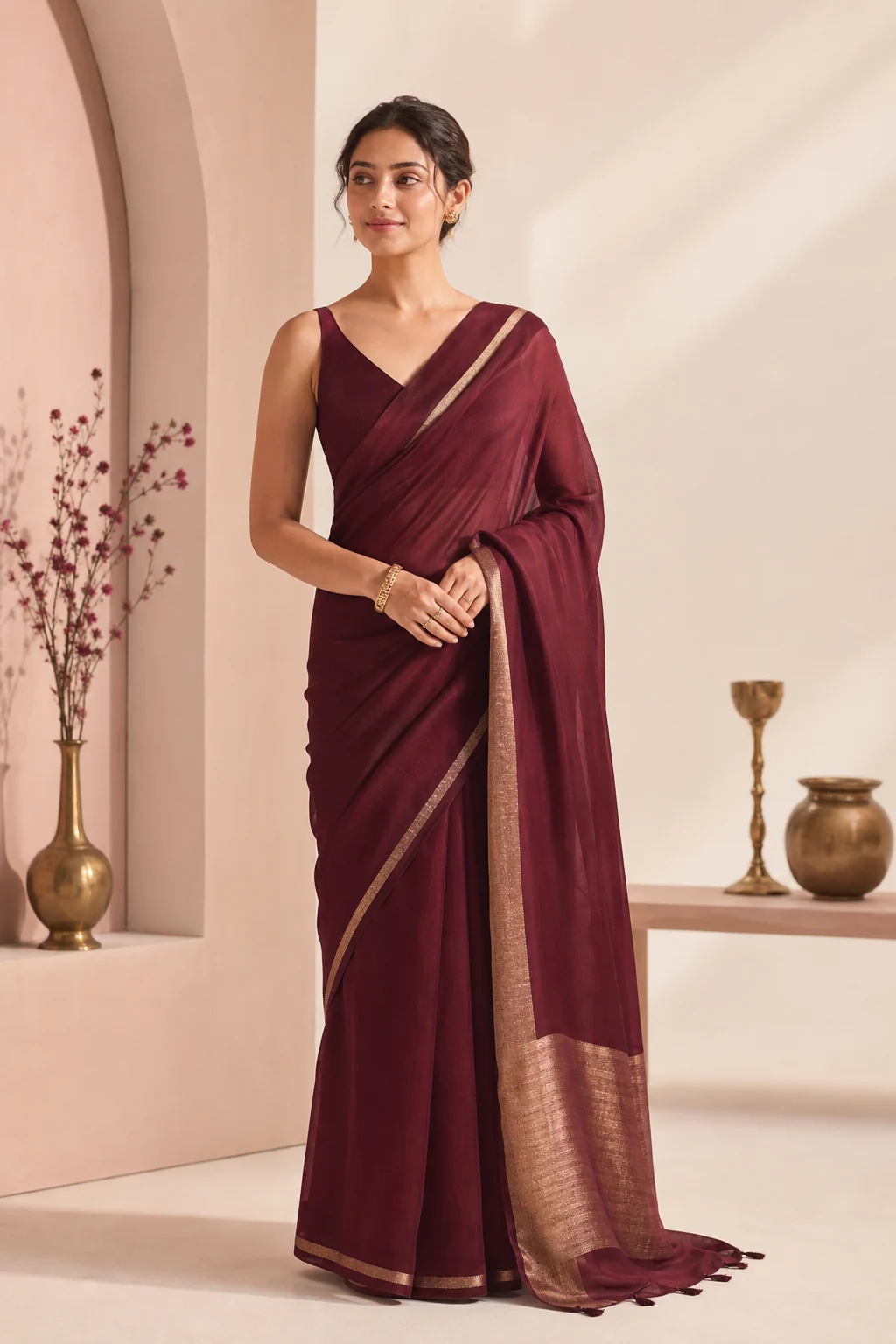 Elegant burgundy saree campaign look