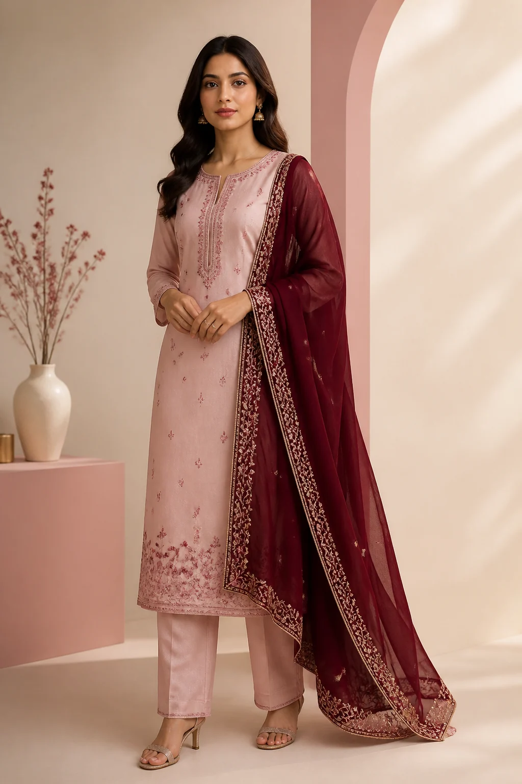 Blush and wine suit set campaign look