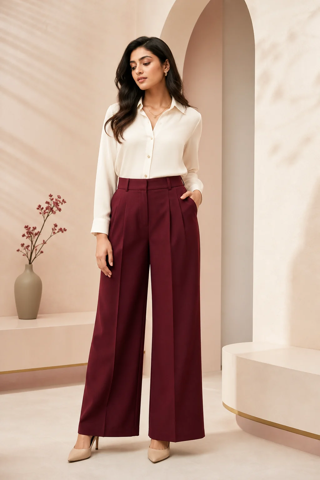 Ivory blouse and wine trousers western-wear campaign look