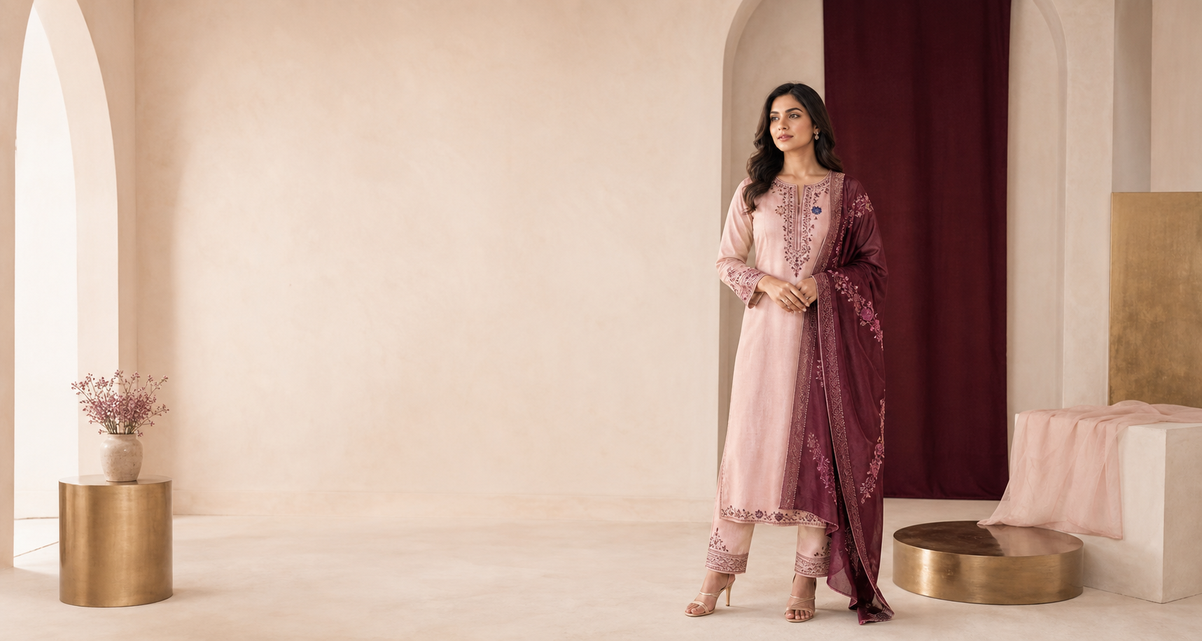 House of Riva campaign featuring an elegant modern Indian suit set